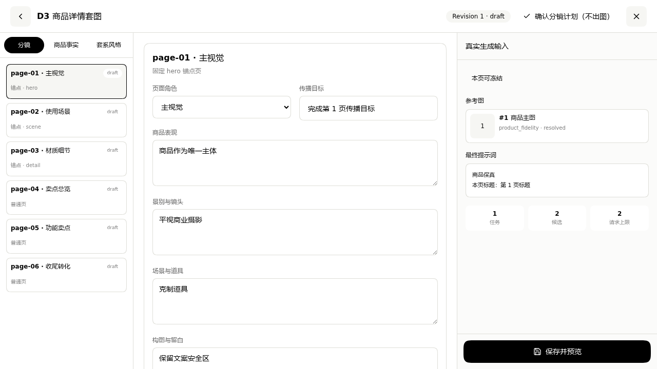 商品详情套图编排器,左侧列出六个页面,中间编辑当前页角色、传播目标和拍摄要求,右侧显示商品主图、最终提示词和请求摘要